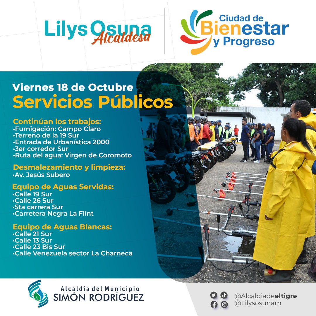 Buenos días queridos vecinos, esta es nuestra agenda para hoy #18Oct de Servicios Públicos.Trabajamos por una ciudad de #BienestaryProgreso