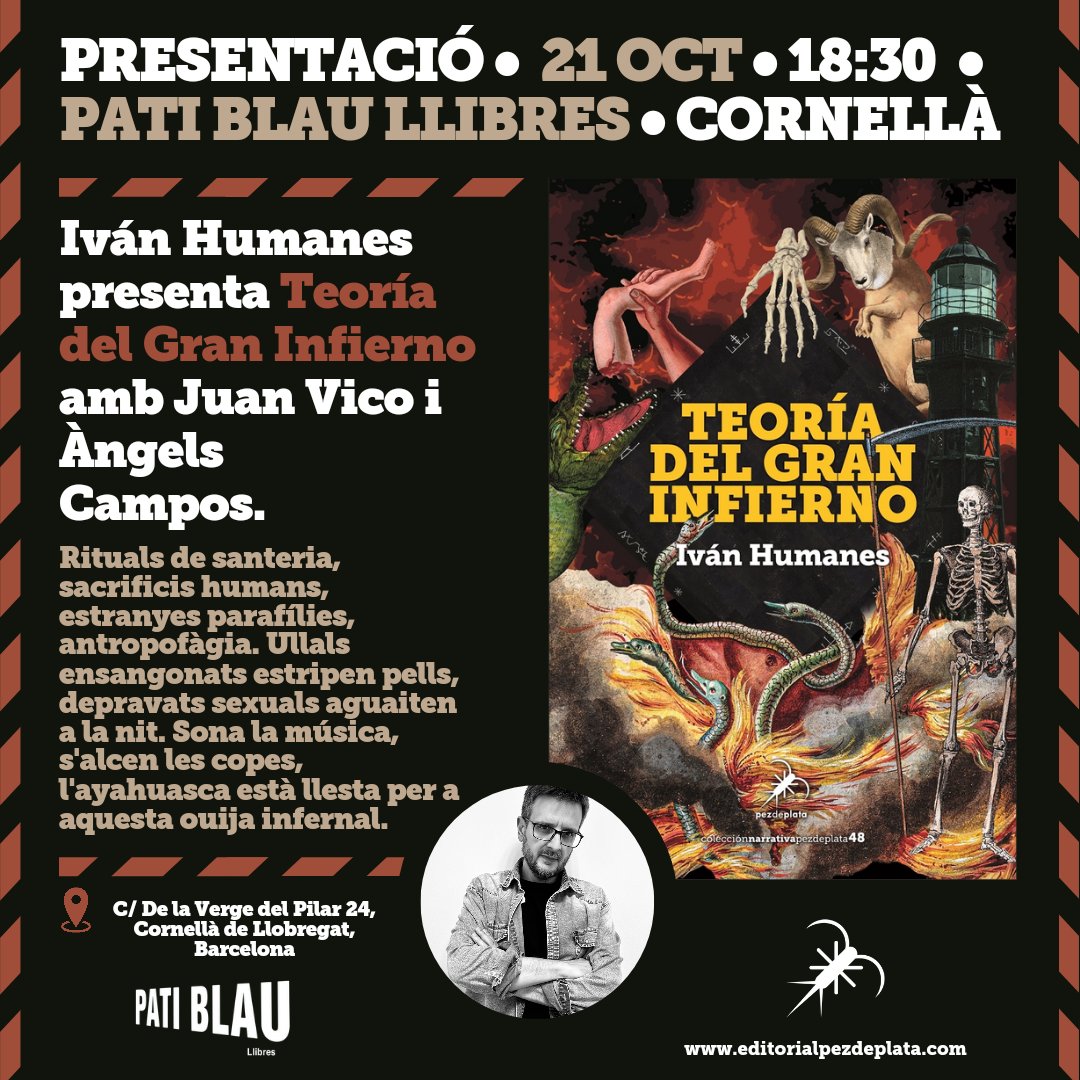 💀🔥 Siguen los rituales, siguen los sacrificios, sigue la ouija, sigue Teoría <a href="/delgraninfierno/">Teoría del Gran Infierno</a>. El próximo lunes, en Cornellà. Con Juan Vico y Àngels Campos. 👹🌜

<a href="/ivanhumanes/">Iván Humanes</a> #teoríadelgraninfierno #ivánhumanes #patiblaullibres #cornellà #terror #weird #libros #pezdeplata