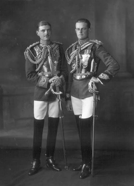 Dress uniforms worn #onthisday in 1921 by Maj. Henry Rogers Broughton of the Royal Horse Guards and his brother Lt. Urban H. Rogers Broughton of the 1st Life Guards. Born in the US to a British civil engineer and an American oil heiress, both brothers became barons. #OTD <a href="/V_and_A/">V&A</a>