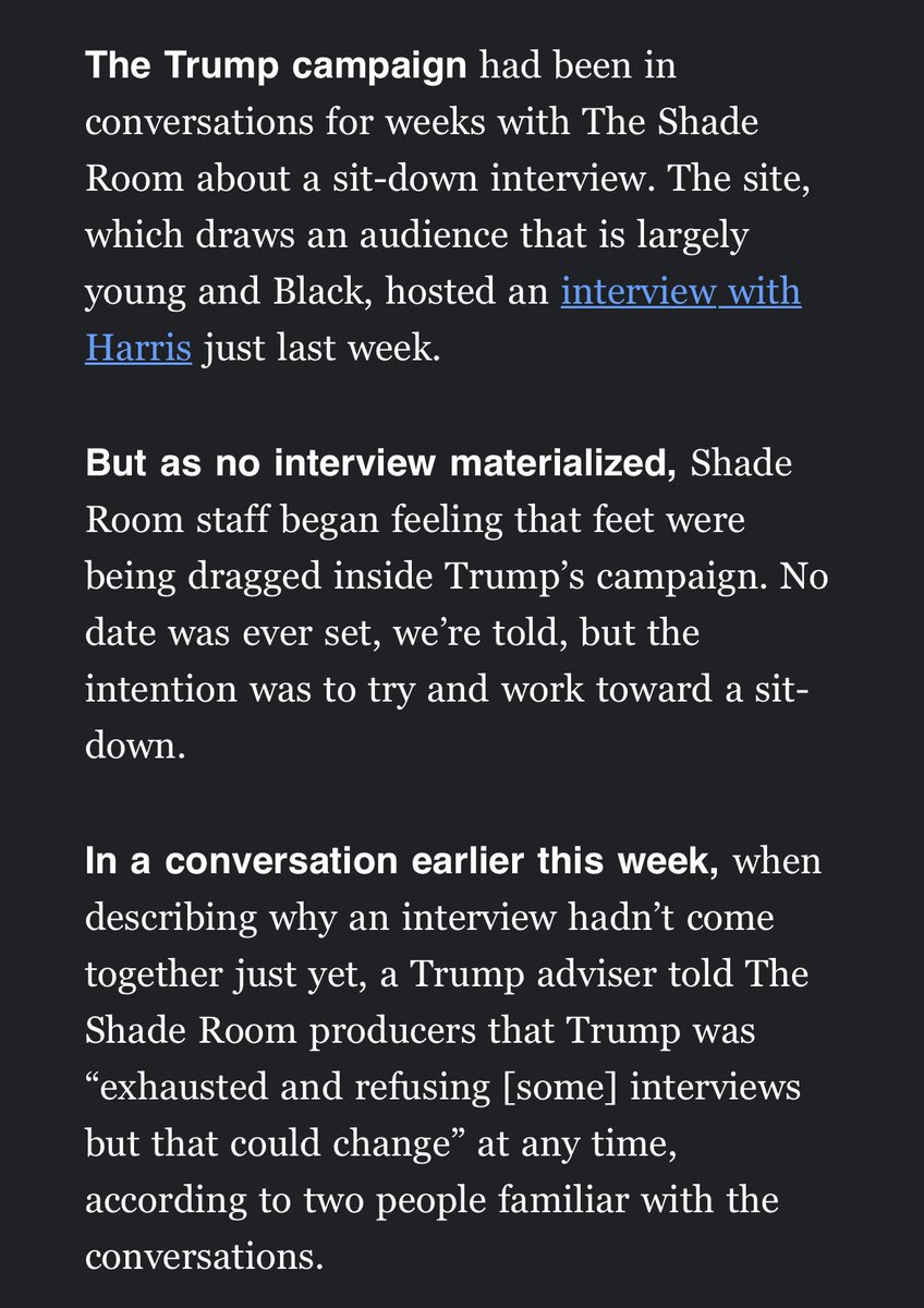 IanSams's tweet photo. 👀 Politico reports that Trump’s team pulled Trump out of an interview on The Shade Room this week because he was “exhausted and refusing interviews”

This comes 3 weeks after Axios reported that Trump is doing far fewer rallies because “he’s older,” per his aides https://t.co/yaxzZ5tNUR