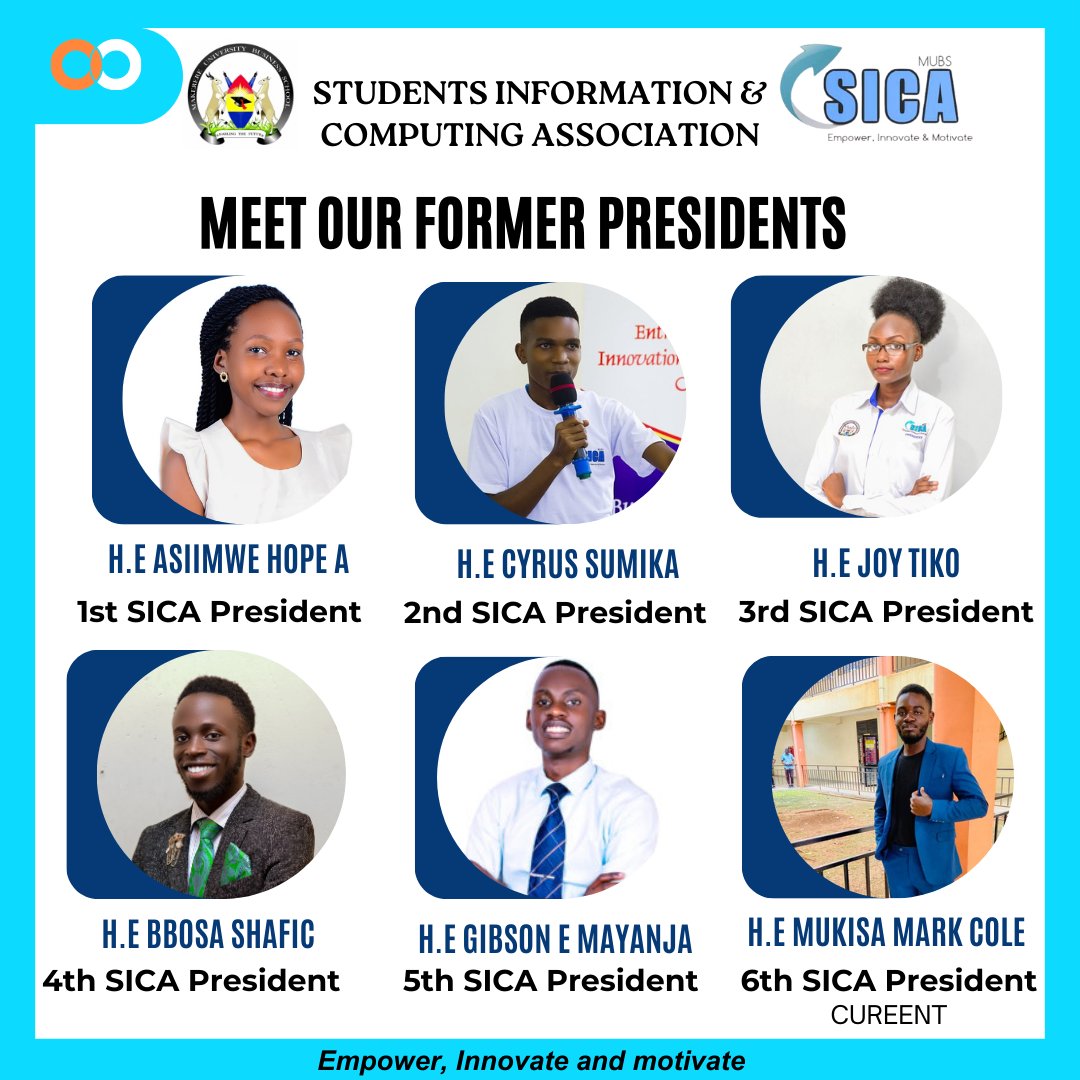 Meet all of our Presidents since SICA was founded in 2018 by <a href="/SsendiSamuel/">Ssendi Samuel</a>. From that time, we have had several achievements that have significantly improved the academic welfare of students at <a href="/OfficialMubs/">Makerere University Business School</a>. #KnowYourLeaders #SicaMubs #MUBS <a href="/MUBSTV/">MUBS TV</a> <a href="/MUBS_Entreship/">MUBS Ent'ship Innovation & Incubation Centre</a> <a href="/mubs_unit/">MUBS Publications Unit</a>