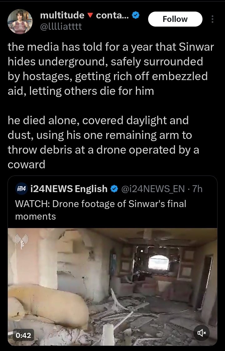Adododo837's tweet photo. @datukhensem Israel tried so hard bagi nampak Sinwar ni pengecut.. tapi hakikatnya telah membuktikan segala propaganda adalah palsu. https://t.co/3C7AcwCd6B