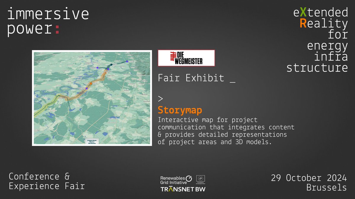 At our #ImmersivePower Fair on 29 October👇

🥽<a href="/innovision_ie/">Innovision</a>'s #VirtualReality platform for interacting w/ #wind #energy projects

Solutions from <a href="/diewegmeister/">die wegmeister</a>, incl.
🥽3D visualisation of substation
🥽Interactive walkthrough 
🥽&amp; a story map for project #communications

🧶2/3
