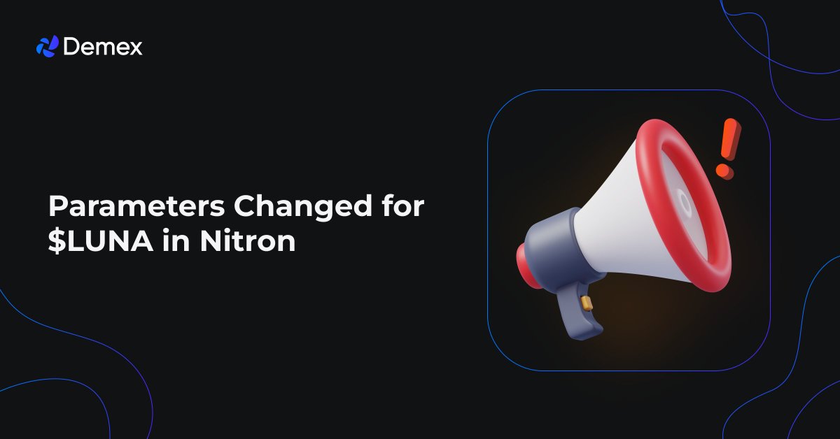 demexchange's tweet image. 🚨 $LUNA Parameter Change on Nitron

We will be adjusting these parameters for $LUNA:
- Optimal utilization up to 70% from 50%
- Variable rate slope 2 down to 150% from 300%
- Interest rate up to 20% from 15%

These will make $LUNA borrowing more manageable, allowing users to…
