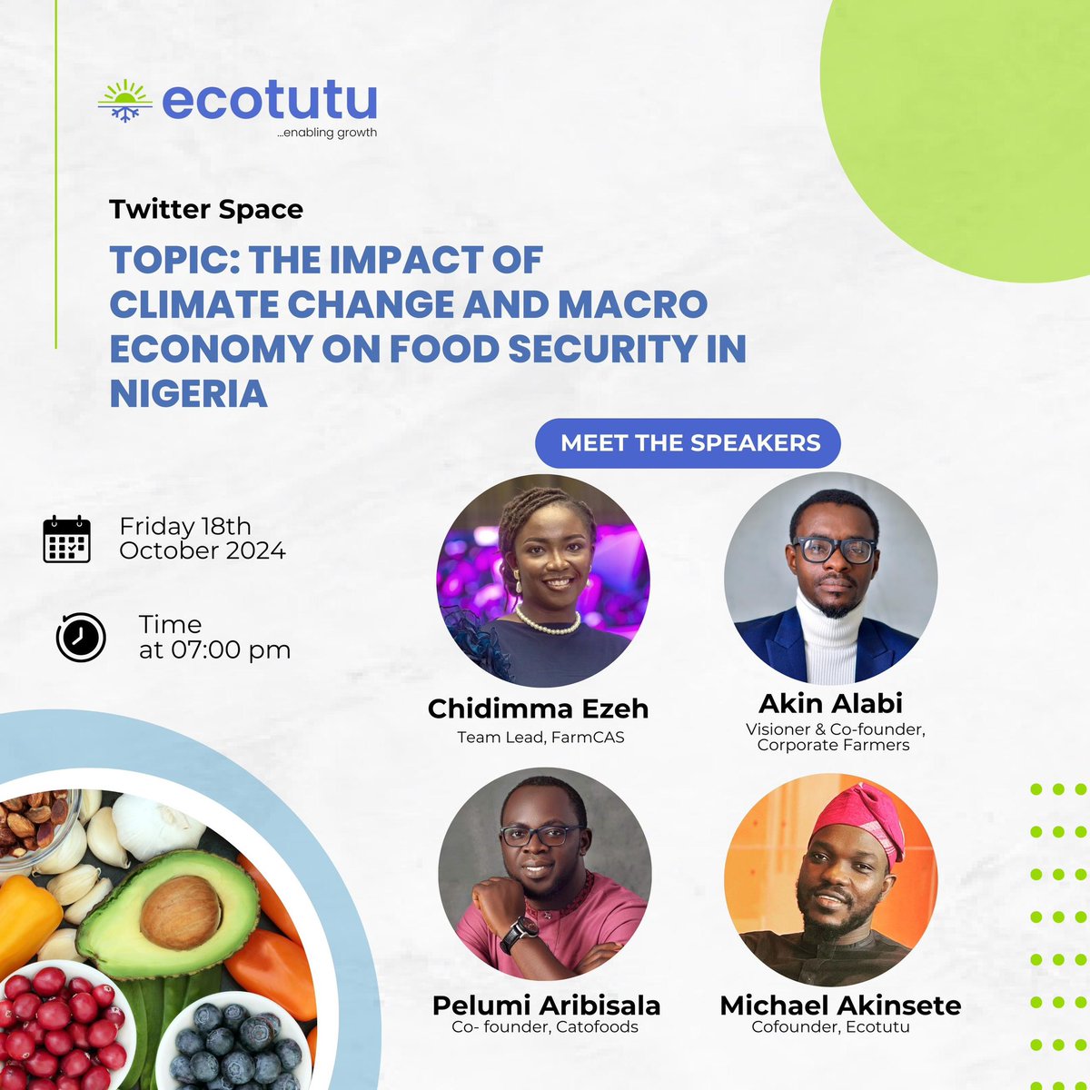 DinmaEzeh's tweet photo. Over 84 million Nigerians live below the poverty line & 26.5 million facing acute hunger.
Join me today at 7PM on @ecotutu X space as I discuss the critical intersection & innovation to climate change, unemployment and food security in Nigeria.
#Chi🌍
#HealthyForAll https://t.co/RN4KPYpWDD