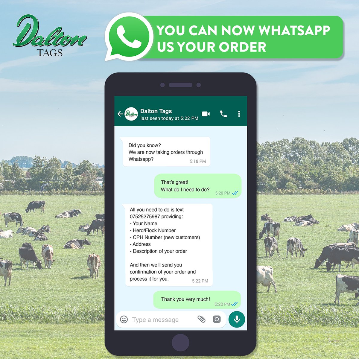 You can now WhatsApp us your orders📲

Our new way of ordering your tags couldn’t be simpler!

All you need to do is WhatsApp us your order to 07525 275987 and we’ll sort the rest!

*We will contact you for payment before we process your order