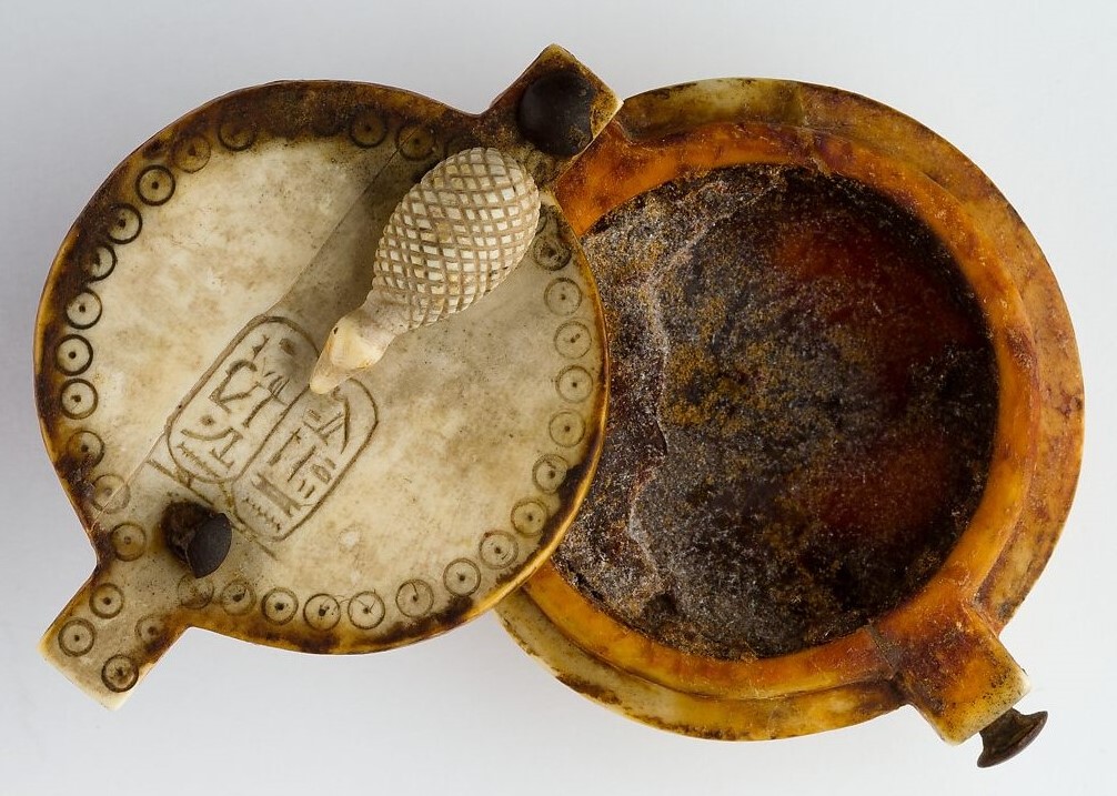 🦔💋What a perfect combination! Superb #hippo ivory #cosmetic dish c.1260 BC, its swivel lid topped by a tiny #hedgehog watching over the name of its owner #Egyptian Queen Nefertari (whose remains we helped identify at: journals.plos.org/plosone/articl…) (image: MMA)