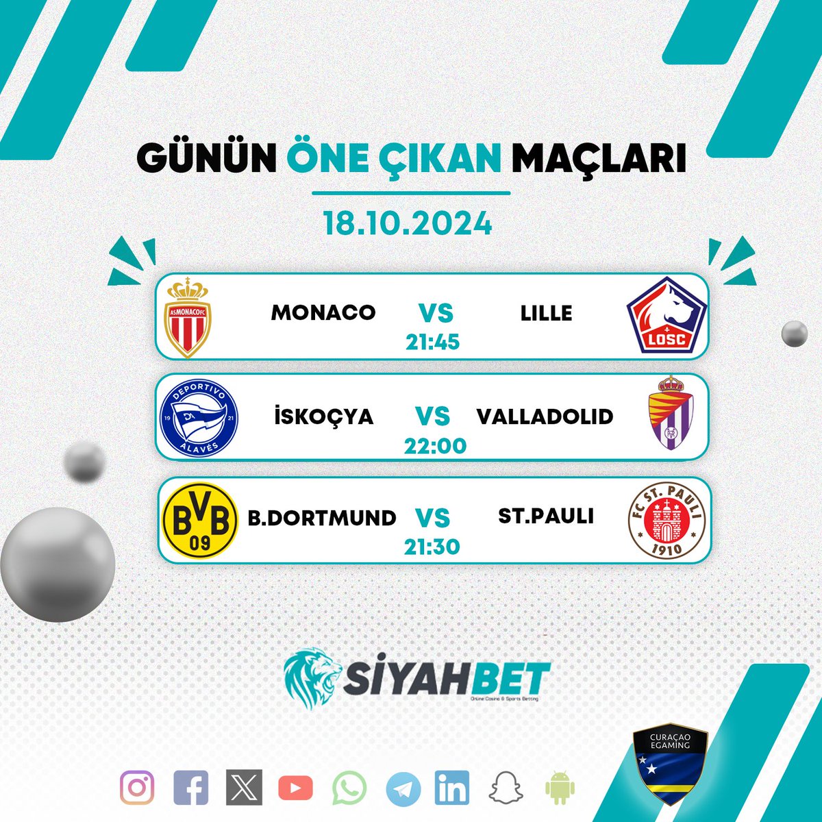 👑 Siyahbet'le bahsin kalbi, heyecan dolu günün maçlarıyla atacak!

⚽️ Günün öne çıkan maçları ile dolu dolu bir gün sizleri bekliyor.

🚀 En yüksek oranlar ve zengin market seçenekleriyle heyecana ortak ol!

↪️ Hemen oyna: bit.ly/siyahbet_giris