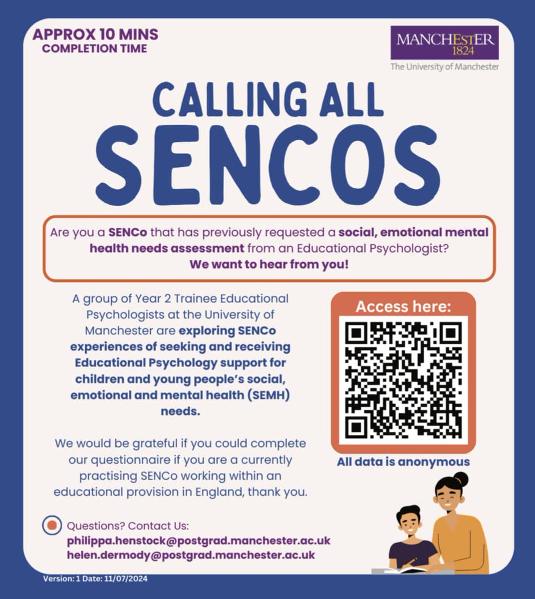 📢 Calling all SENCOs! 📢
TEPs at the UoM need your insights on why you request EPs to assess pupils' SEMH needs and what aspects of EPs' assessments you find most valuable. Share your experience and help improve support! Please share! #twittereps 
👉 tinyurl.com/y9furj3n