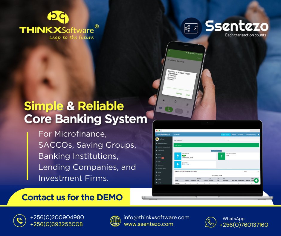 thinkxsoftware's tweet photo. Ssenetzo, Simple & Reliable Core Banking System: Your All-in-One Solution for Microfinance, SACCOs, Saving Groups, Banking Institutions, Lending Companies,....! For the DEMO: https://t.co/GcC5Ve21gi #savingsgroups #collectivesavings #MicrofinanceForAll #supportlocalbusiness https://t.co/5qpjpa4H8h