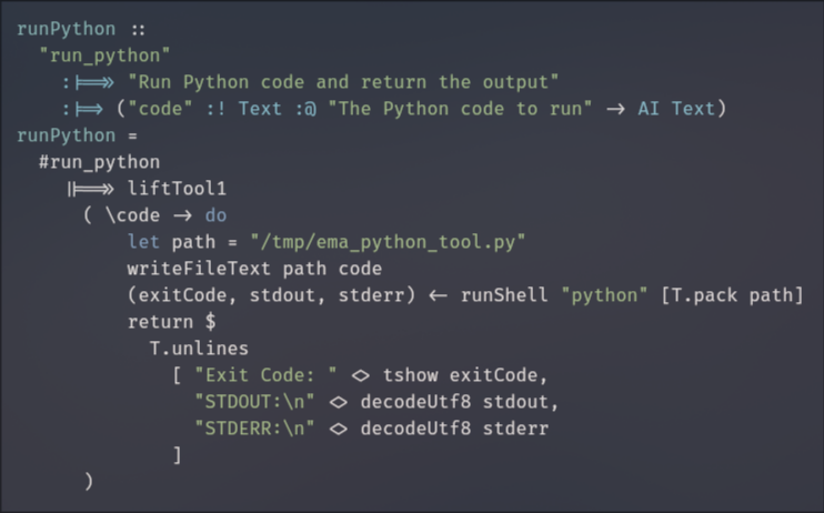 harryaskham's tweet photo. yeah bro put the AI tool descriptions at the type level, that'll make for terse idiomatic tool call definitions https://t.co/ibMxwfqv9Q