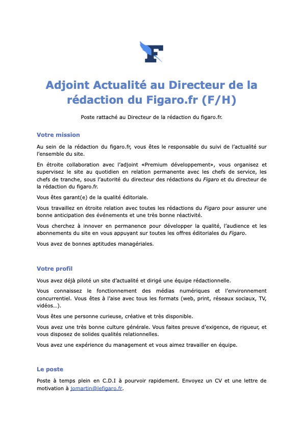benjaminferran's tweet image. Deux postes sont à pourvoir au sein de la rédaction du @Le_Figaro.

• Un adjoint de la direction de la rédaction du figaro.fr, en charge de l'actualité.
• Un chef de tranche (matinale et journée).

Les détails ⤵️⤵️