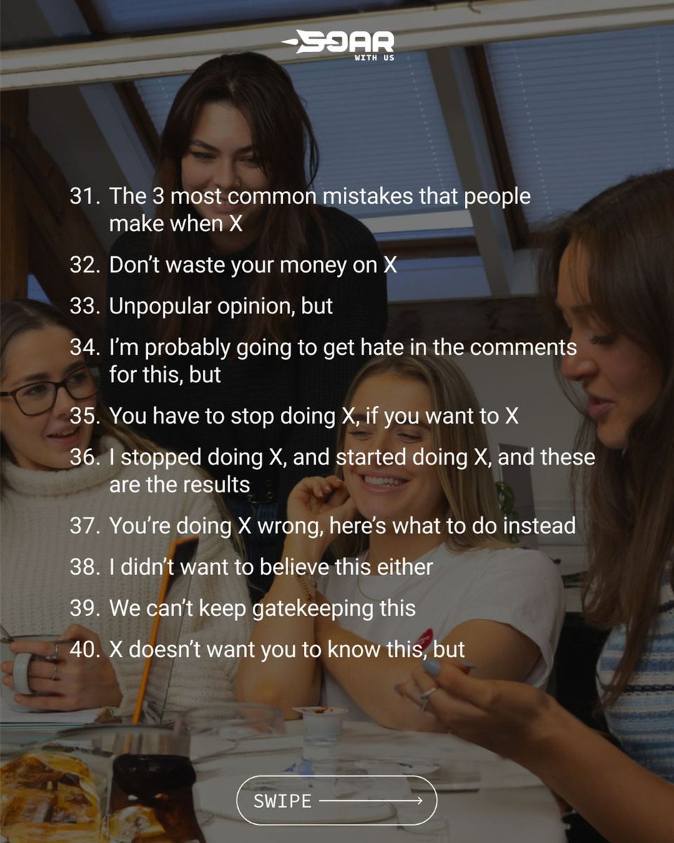 Need some killer hooks for your next campaign?

We’ve dropped 80 hooks that work for any niche. Whether you're looking to drive engagement, spark curiosity, or make a bold statement, we've got you covered.

Don’t overthink it—swipe through and start creating content that