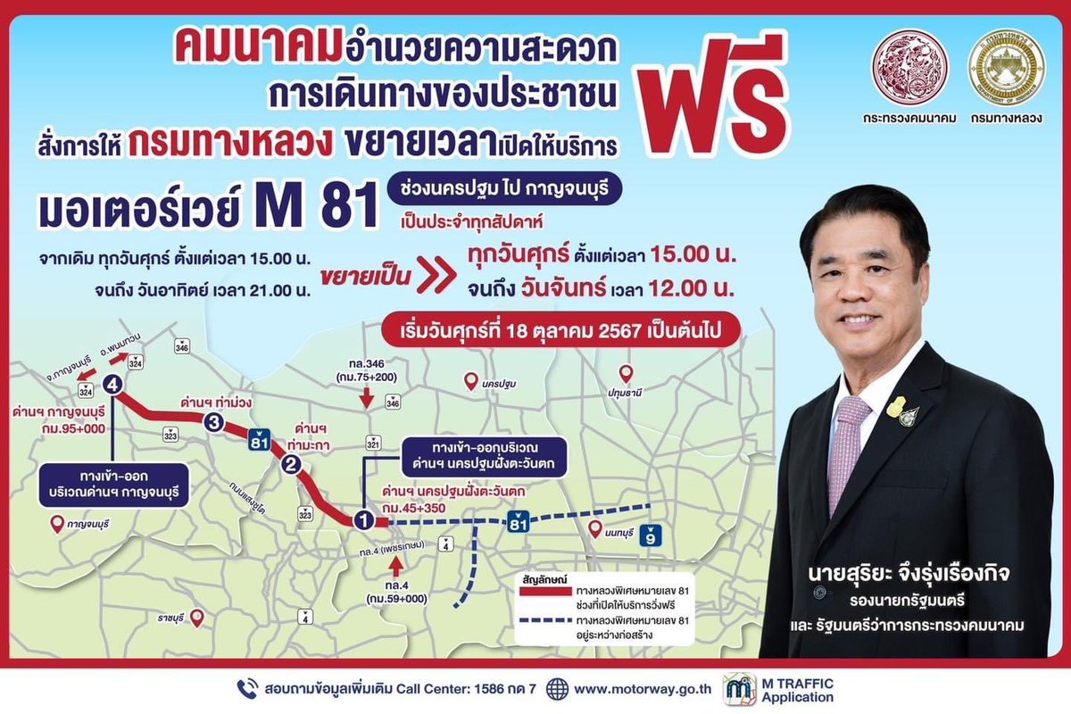 prdoh1's tweet photo. 🚗💨 มอเตอร์เวย์ บางใหญ่-กาญจนบุรี สะดวกสุดๆ! กรมทางหลวง ขยายเปิดวิ่งฟรีทุกศุกร์ถึงจันทร์ ตอบรับเสียงเรียกร้อง เพิ่มความสะดวก กระตุ้นเศรษฐกิจ 🤳
 #มอเตอร์เวย์ https://t.co/yQDAZMHWyz