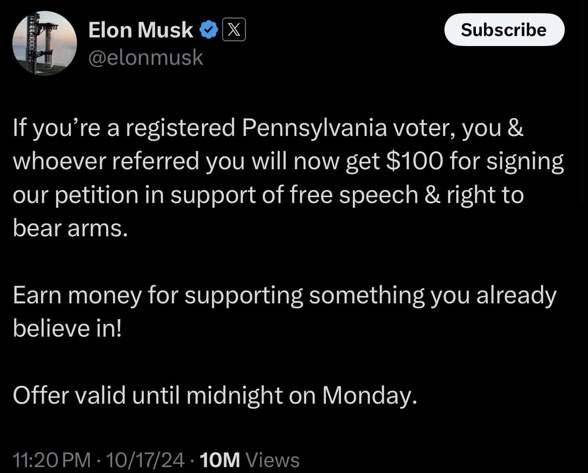 Elon is now willing to pay $100 per vote instead of $75. Offer valid until Monday. Step right up folks, you can sell your soul to Donald Trump and a South African oligarch will pay you $100 bucks for it! MyVoteBribe