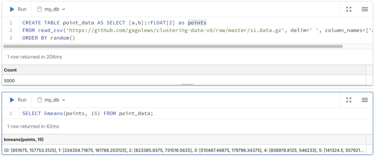 Experimenting a bit with in-database k-means clustering in <a href="/duckdb/">DuckDB</a> / <a href="/motherduck/">MotherDuck</a> . Think there is so much potential in bringing  ML and Data closer together 🎉
