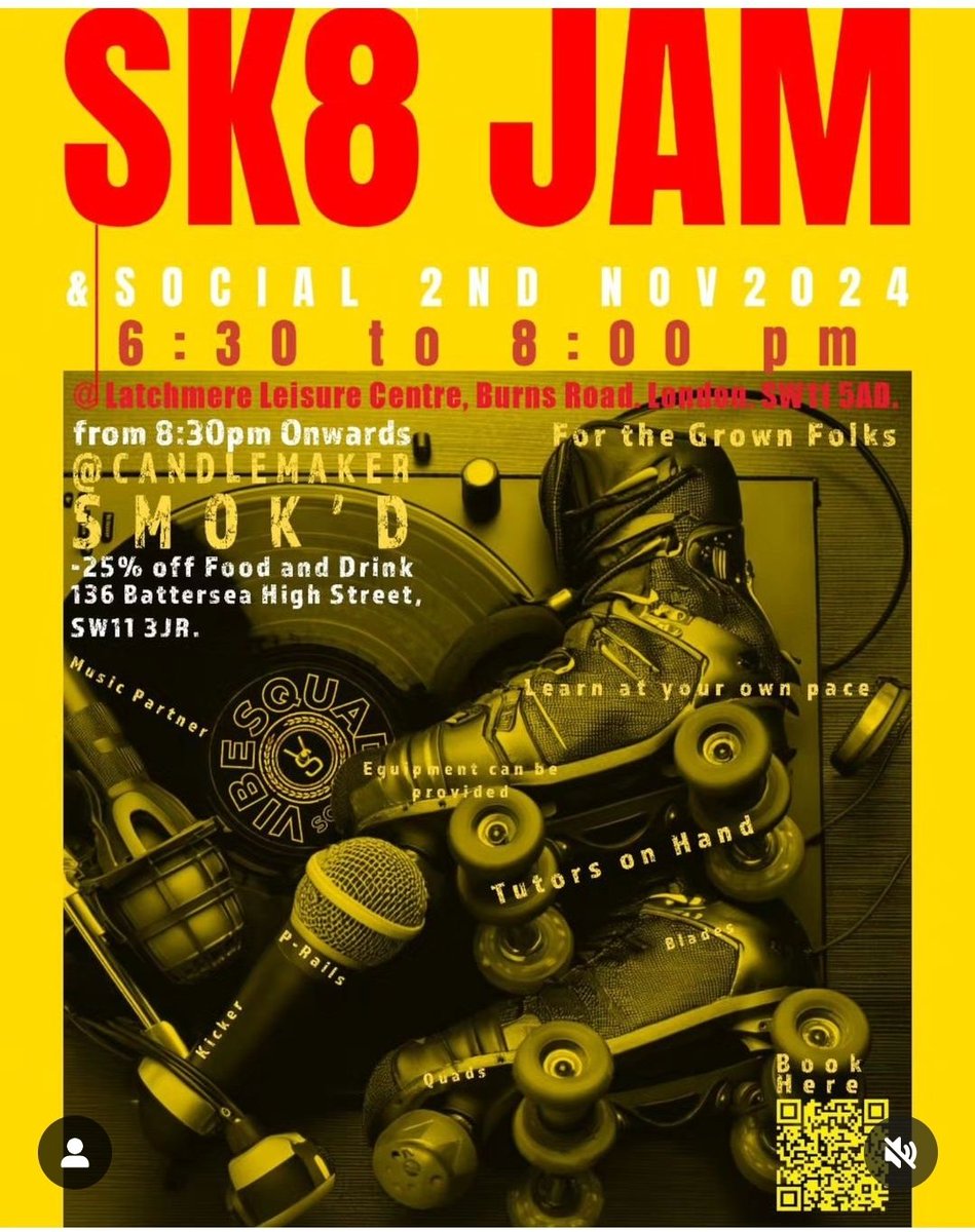 Roll up to SK8 JAM on Nov 2! 🛼🎤 Skate &amp; social at Latchmere Leisure Centre 6:30-8PM. Then hit CANDLEMAKER SMOK'D for 25% off food/drink from 8:30PM. Learn at your own pace, equipment available. Book now! #SK8JAM #LondonEvents