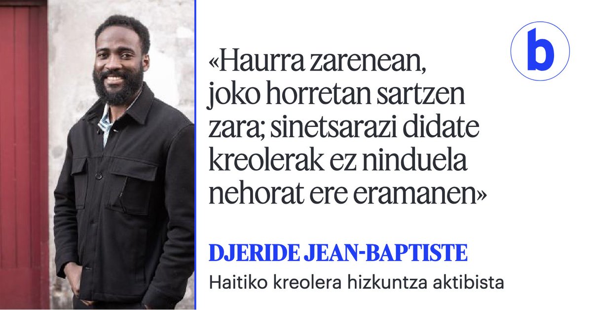 🗣️ Azken egunetan Ipar Euskal Herrian ibili da Djeride Jean-Baptiste Haitiko kreolera hizkuntza aktibista. Euskararen egoera Haitin kreolerak pairatzen duen egoerarekin parekatu du: «Frantziaren hizkuntza politika basatia eta bortitza da».
<a href="/oi_tsr/">Oihana Teyseyre Koskarat</a> 
berria.eus/lurraldeak/ipa…