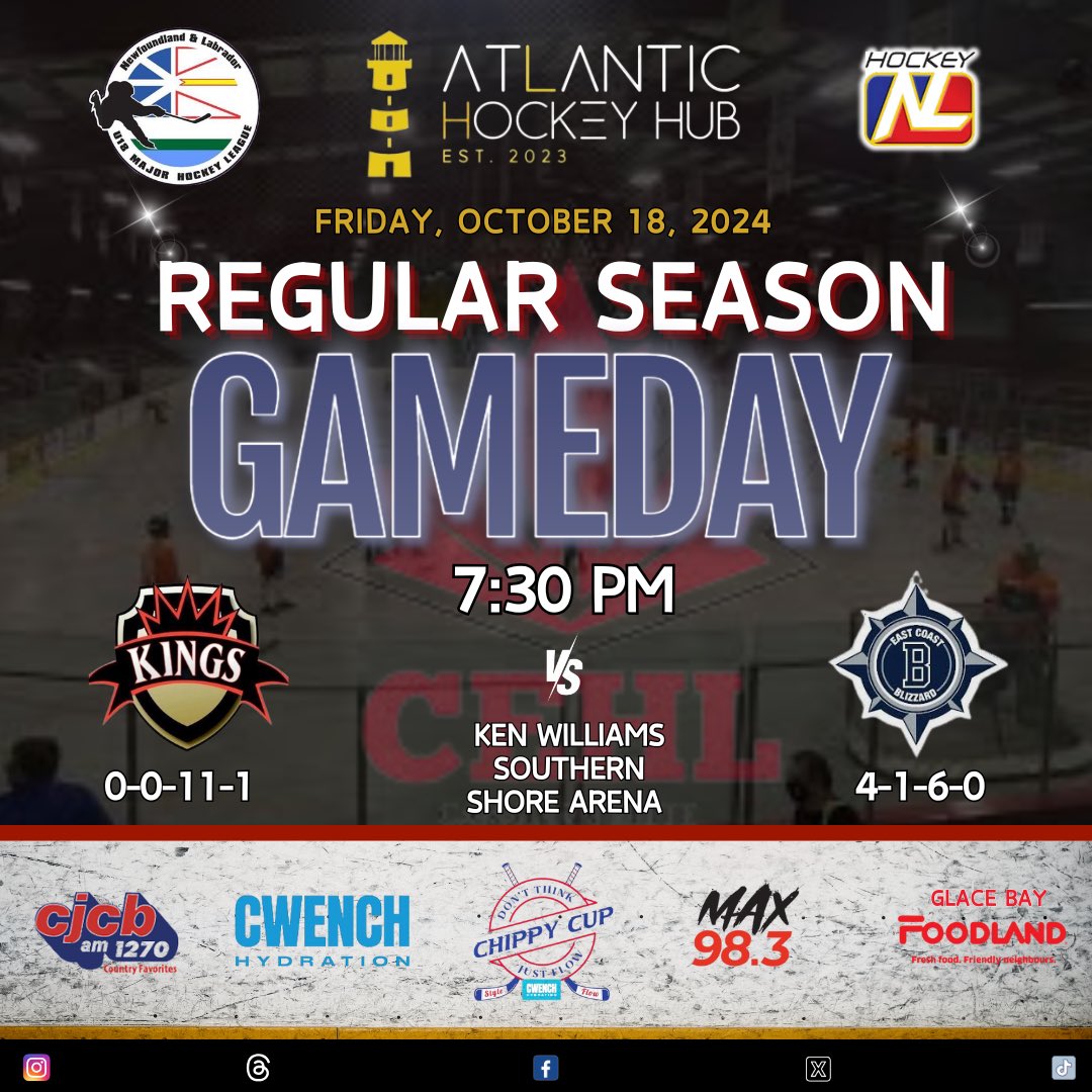 atlhockeyhub's tweet photo. NLU18MHL Friday Game Schedule:

7:30 pm - Ken Williams Southern Shore Arena 

    Western Kings 
              vs 
East Coast Blizzard 

#NLU18MHL #AtlanticHockeyHub #ChippyCup https://t.co/czMQ6GqI4C