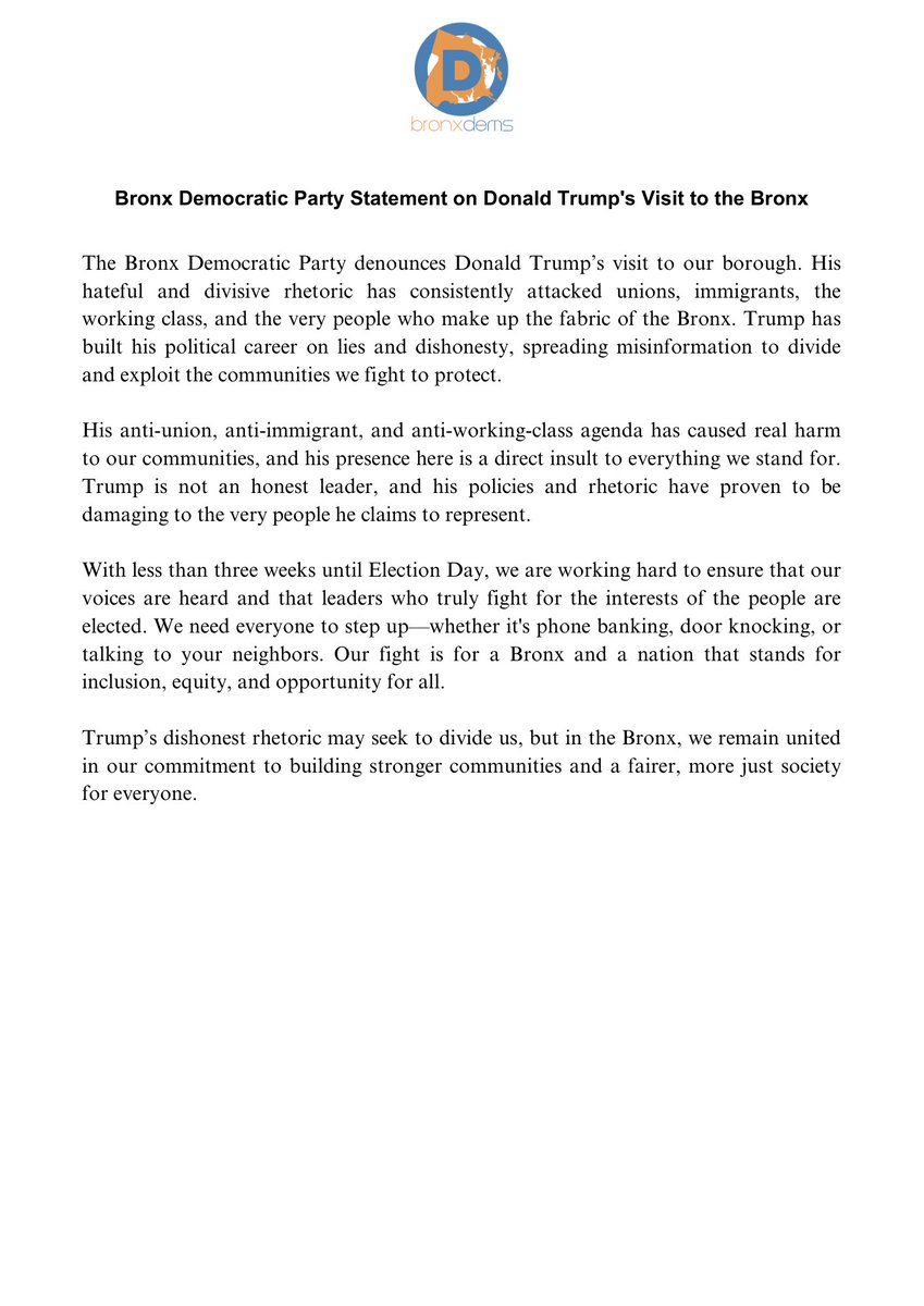 Bronx Democratic Party (@bronxdems) on Twitter photo The Bronx Dems stand united against Trump’s divisive agenda. His anti-immigrant, anti-union, and anti-working-class rhetoric has no place in our borough. Let’s stand up for a Bronx that values inclusion, equity, and opportunity for all. The Bronx Dems stand united against Trump’s divisive agenda. His anti-immigrant, anti-union, and anti-working-class rhetoric has no place in our borough. Let’s stand up for a Bronx that values inclusion, equity, and opportunity for all.