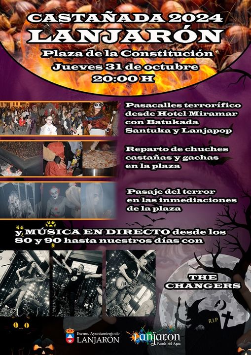 El próximo 31 de octubre "#CASTAÑADA en #LANJARÓN" a partir de las 20:00h con un pasacalles desde el Hotel Miramar hasta la plaza,donde  comenzará el reparto, Castañas-Gachas-Chuches-Pasaje del terror
Música en directo con The Changers
¡No olvides venir disfrazad@!
¡Te esperamos!
