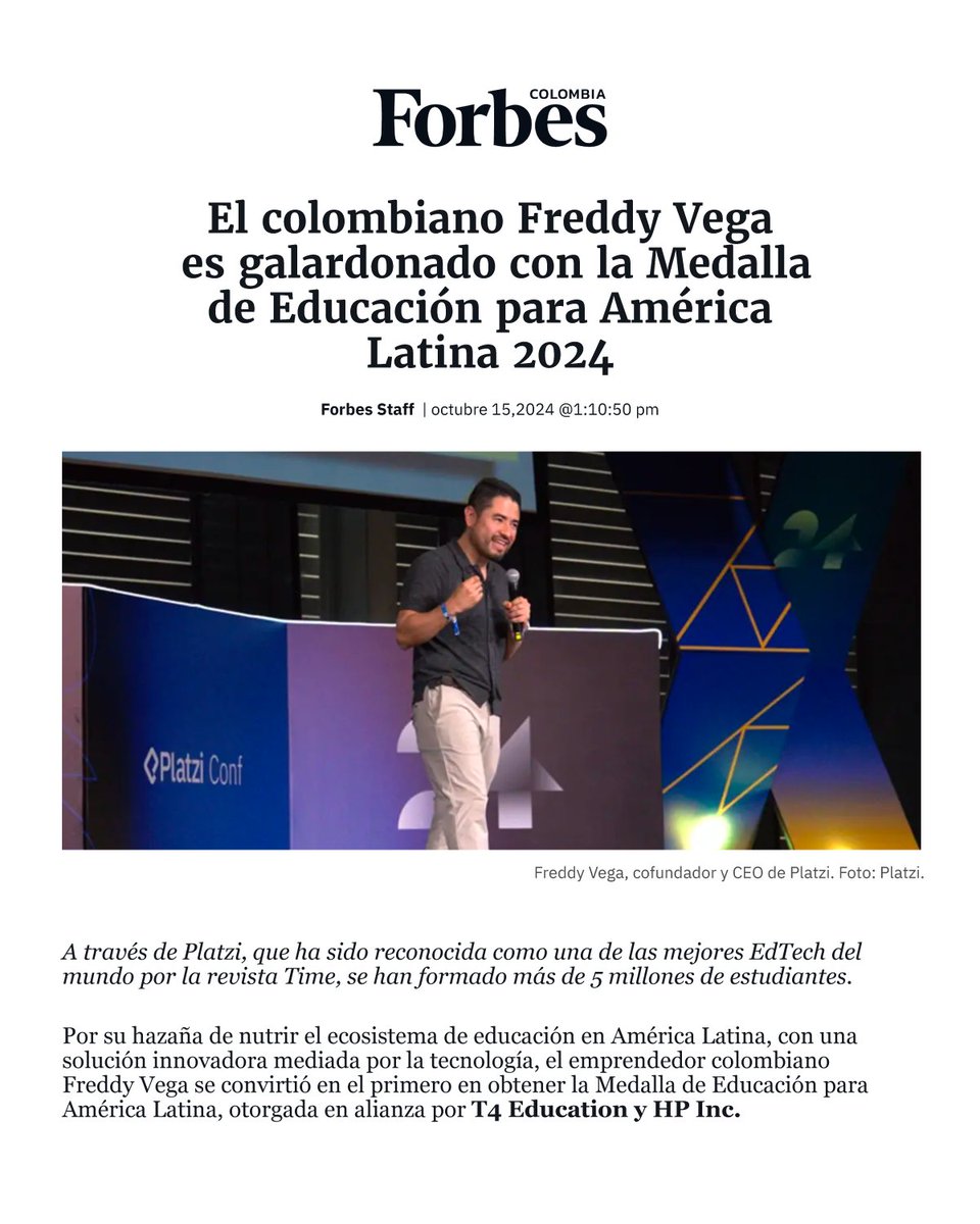 platzi's tweet photo. 💚¡Ganamos! Platzi ha sido galardonado con la medalla de educación gracias al impacto y liderazgo de @freddier América Latina.

Es el primer latino en recibir este reconocimiento, lo que nos convierte en la primera EdTech para habla hispana en recibirlo. https://t.co/HRzJDqf34F