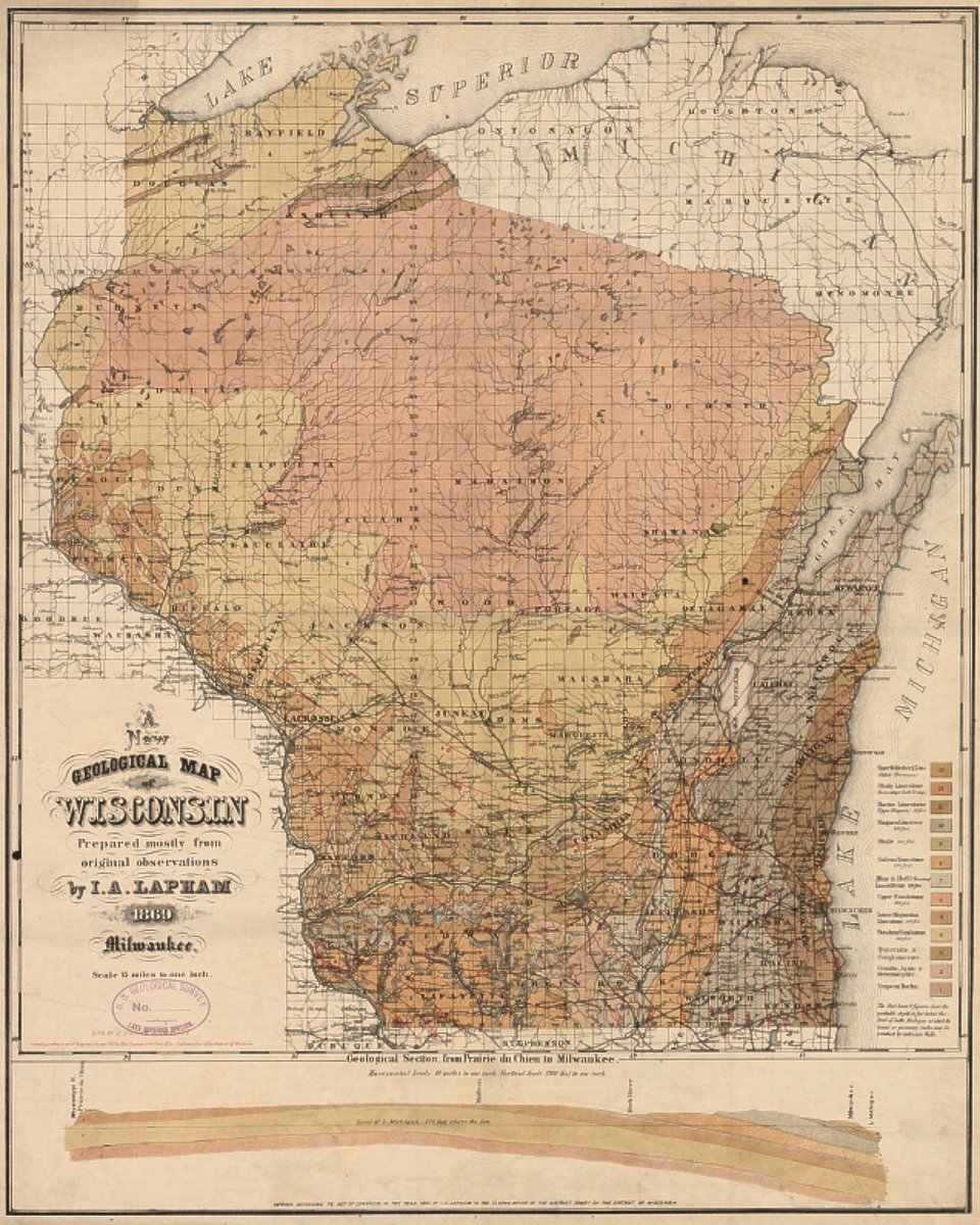WGNHS's tweet photo. Happy #GeologicMapDay! This is statewide map of WI geology was published in 1869 by Increase A. Lapham. @earthsciweek @AGI_Updates

Check out our publication catalogue to see all of the work we have done since!

➡️https://t.co/TSo4m3UpUO https://t.co/ecDnQivB0v