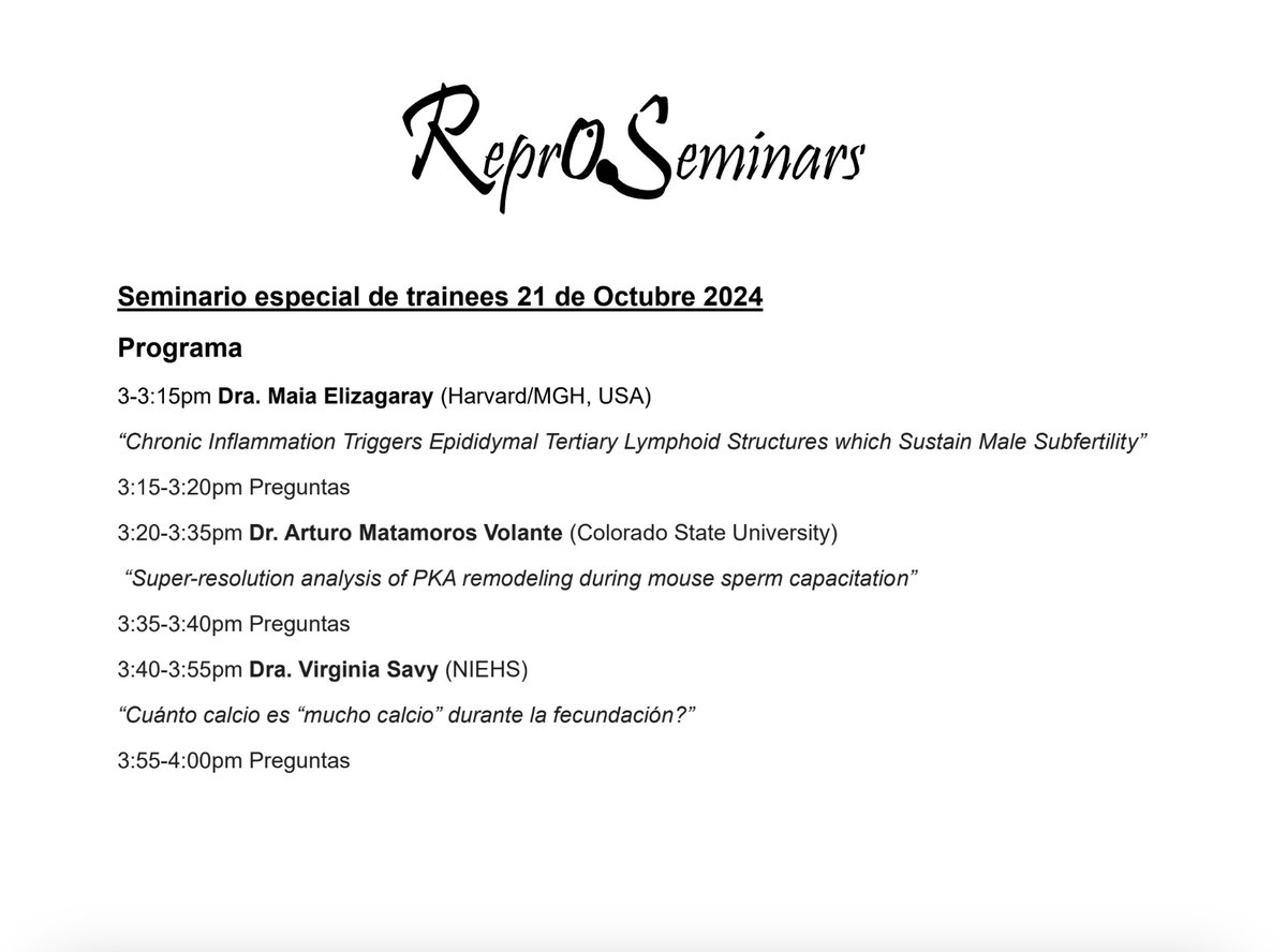 Reproseminars (@reproseminars) on Twitter photo 📢No te pierdas el próximo Reproseminar🚀!
Tendremos un seminario especial de trainees espectacular con: <a href="/VirginiaSavy/">Virginia savy</a> , <a href="/ArturoM_V/">Arturo Matamoros Volante</a> y <a href="/maiaelizagaray1/">Maia Lina Elizagaray</a>
🗓️LUNES 21/10 - 15 hs (Argentina).
Mira el programa completo 🔥👀⬇️ 📢No te pierdas el próximo Reproseminar🚀!
Tendremos un seminario especial de trainees espectacular con: <a href="/VirginiaSavy/">Virginia savy</a> , <a href="/ArturoM_V/">Arturo Matamoros Volante</a> y <a href="/maiaelizagaray1/">Maia Lina Elizagaray</a>
🗓️LUNES 21/10 - 15 hs (Argentina).
Mira el programa completo 🔥👀⬇️