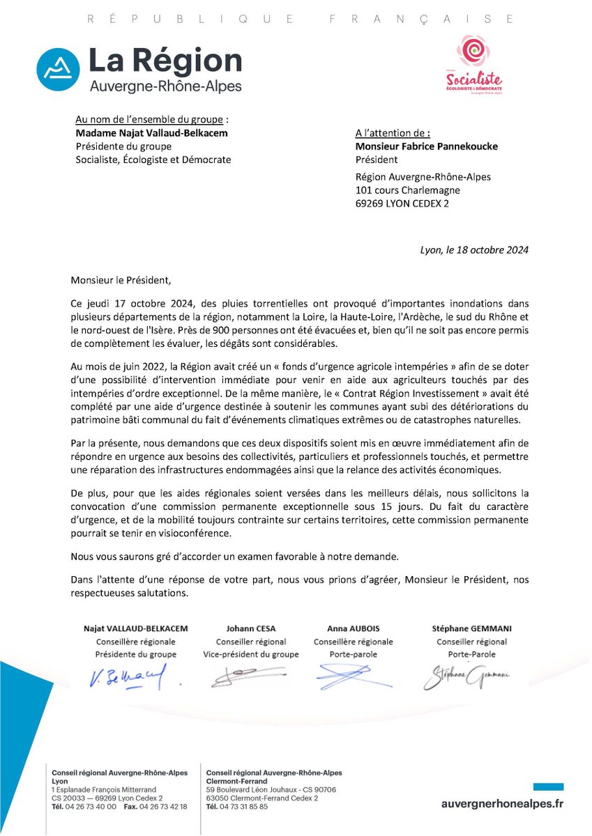 SocialistesAuRA's tweet photo. ✊En soutien aux familles lourdement impactées par ces catastrophes naturelles, aux équipes de secours, aux élus locaux mobilisés, nous demandons à @Pannekouckefabr de mobiliser le fonds d’urgence et de convoquer sous 15 jours la commission permanente. https://t.co/FycPOM1mhB