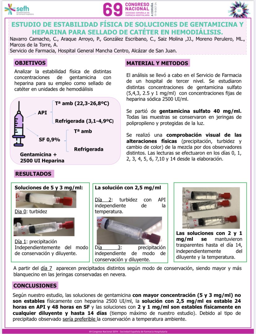📖🖌️ Estudio de estabilidad física de soluciones de gentamicina y heparina para sellado de catéter en hemodiálisis #posterea #sefh