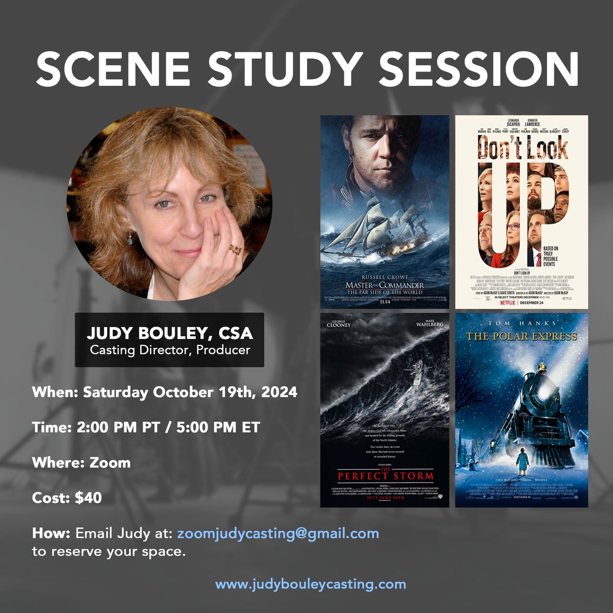 JBouleyCasting's tweet photo. There's still a some spaces left for Saturday 10/19's scene study session - act fast to claim your spot! Email zoomjudycasting@gmail.com for more info. https://t.co/PIBucay7SJ