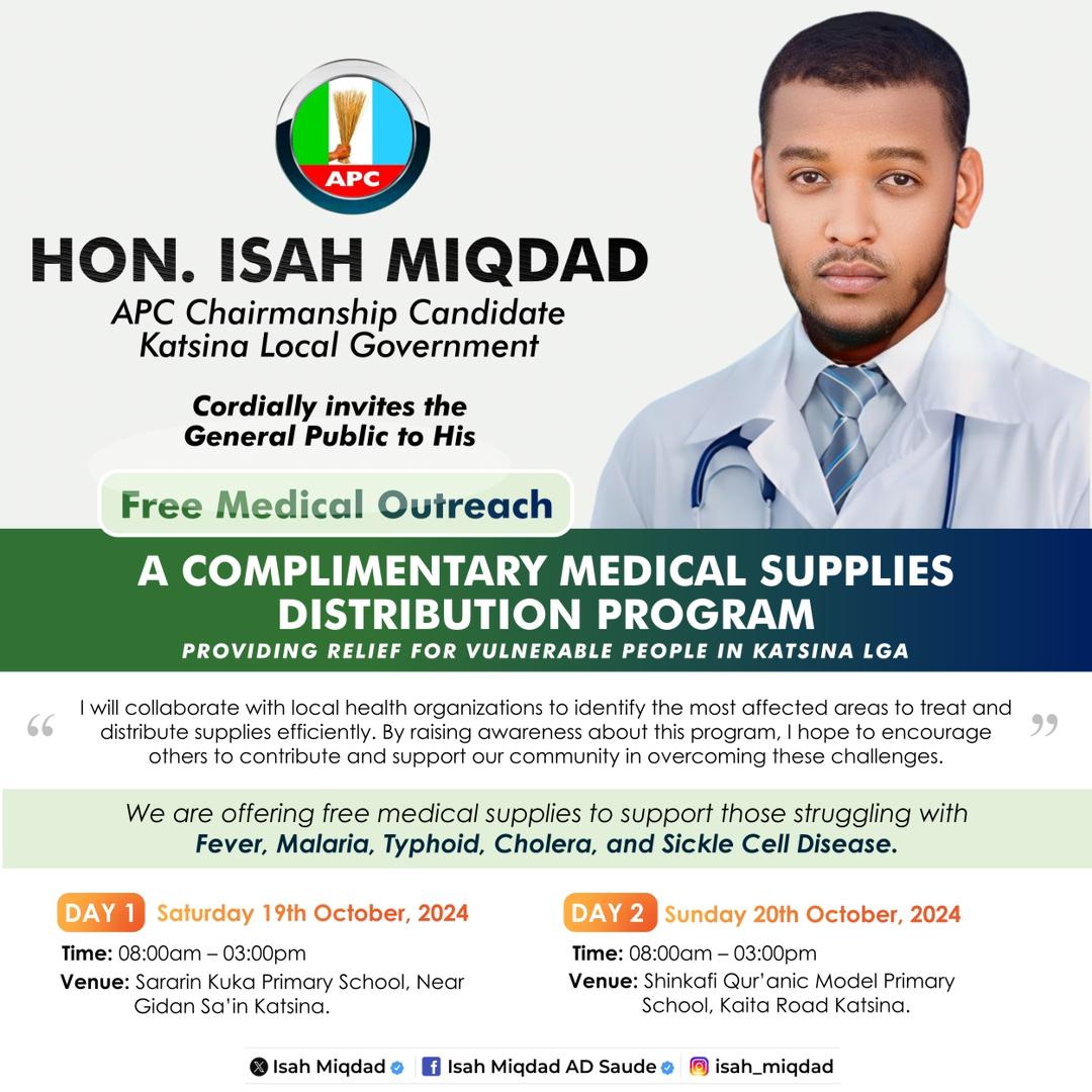 JOIN US;

Hon. <a href="/Miqdad_Jnr/">Isah Miqdad</a>'s FREE medical outreach: Oct 19-20, 8am-3pm @ Sararin Kuka &amp; Shinkafi Qur'anic Model Schools. Malaria, Typhoid, Cholera &amp; Sickle Cell meds provided.
