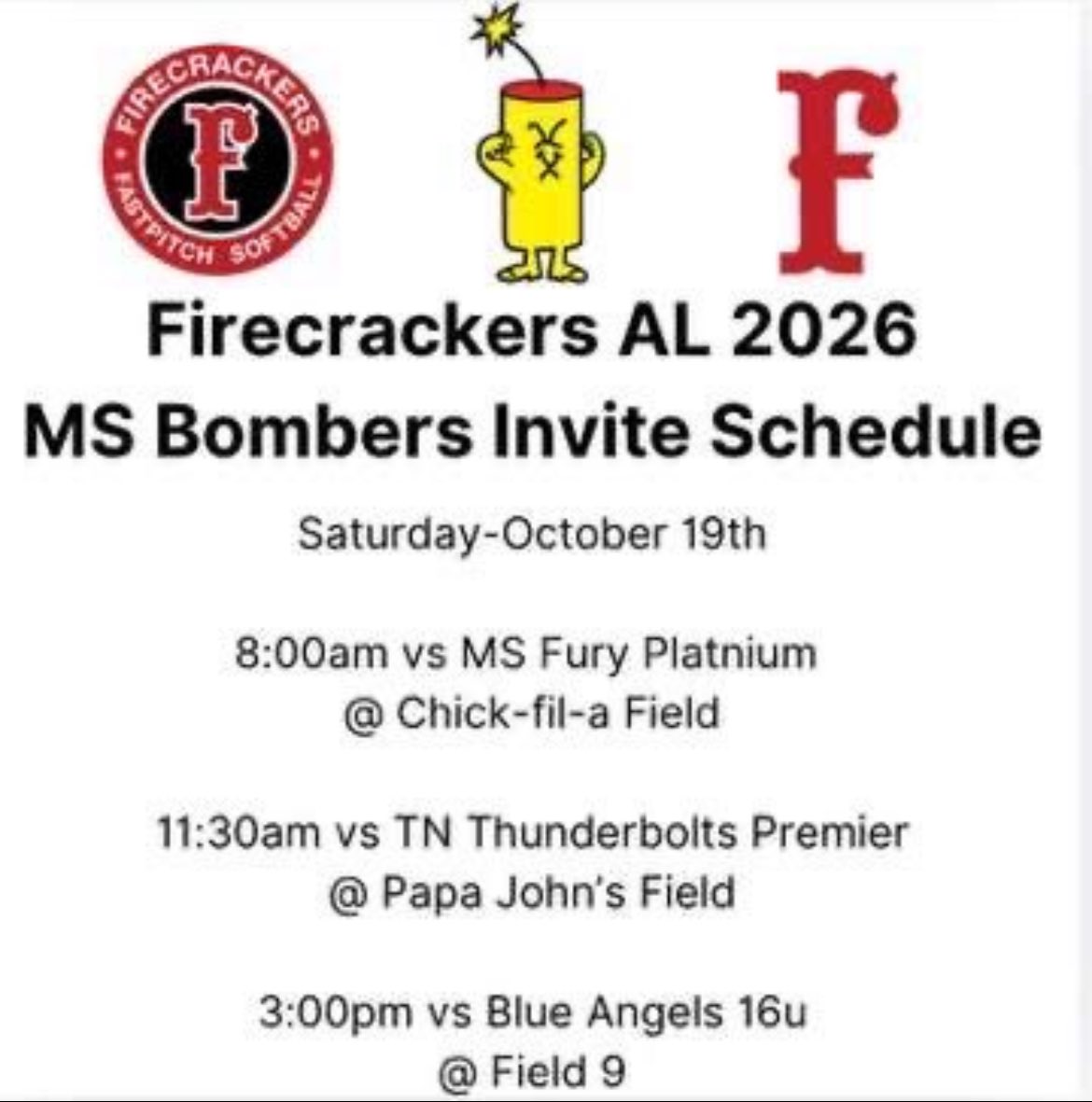 Emma Moore (@emmamoore2026) on Twitter photo Can’t wait for this weekend! #FCFF
🕕8:00am 📍chick fil a field
🕚11:30am 📍papa john’s field
🕝3:00pm 📍field 9
<a href="/JoelWorthington/">Joel Worthington</a> <a href="/tsmartt14/">Taylor Smartt</a> <a href="/BethTorina/">Beth Torina</a> <a href="/KateMalveaux/">Kate Malveaux</a> <a href="/UACoachMurphy/">Patrick Murphy</a> <a href="/AUMWarhawksSB/">🥎AUM Softball</a> <a href="/ItawambaCC/">Itawamba CC</a> <a href="/SallieB34/">Sallie Beth Burch</a> <a href="/CoachKatedL/">Kate de Leon</a> <a href="/CoachPerkinsSB/">Sharon Perkins</a> <a href="/SouthAlabamaSB/">South Alabama Softball 🥎</a> <a href="/CoastalAlaCC/">Coastal Alabama CC</a> Can’t wait for this weekend! #FCFF
🕕8:00am 📍chick fil a field
🕚11:30am 📍papa john’s field
🕝3:00pm 📍field 9
<a href="/JoelWorthington/">Joel Worthington</a> <a href="/tsmartt14/">Taylor Smartt</a> <a href="/BethTorina/">Beth Torina</a> <a href="/KateMalveaux/">Kate Malveaux</a> <a href="/UACoachMurphy/">Patrick Murphy</a> <a href="/AUMWarhawksSB/">🥎AUM Softball</a> <a href="/ItawambaCC/">Itawamba CC</a> <a href="/SallieB34/">Sallie Beth Burch</a> <a href="/CoachKatedL/">Kate de Leon</a> <a href="/CoachPerkinsSB/">Sharon Perkins</a> <a href="/SouthAlabamaSB/">South Alabama Softball 🥎</a> <a href="/CoastalAlaCC/">Coastal Alabama CC</a>