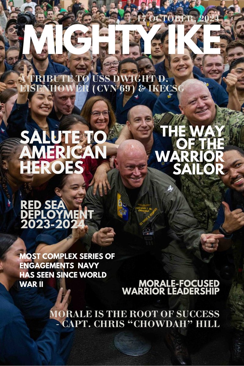 ZAGrrl's tweet image. On the occasion of the USS Dwight D. Eisenhower's 47th birthday today, we honor @TheCVN69 #MightyIKE, her Carrier Strike Group (CSG), Carrier Air Wing THREE (CVW-3), and her Commanding Officer, CAPT Chris @ChowdahHill. Featured on the inside cover of the program for the
