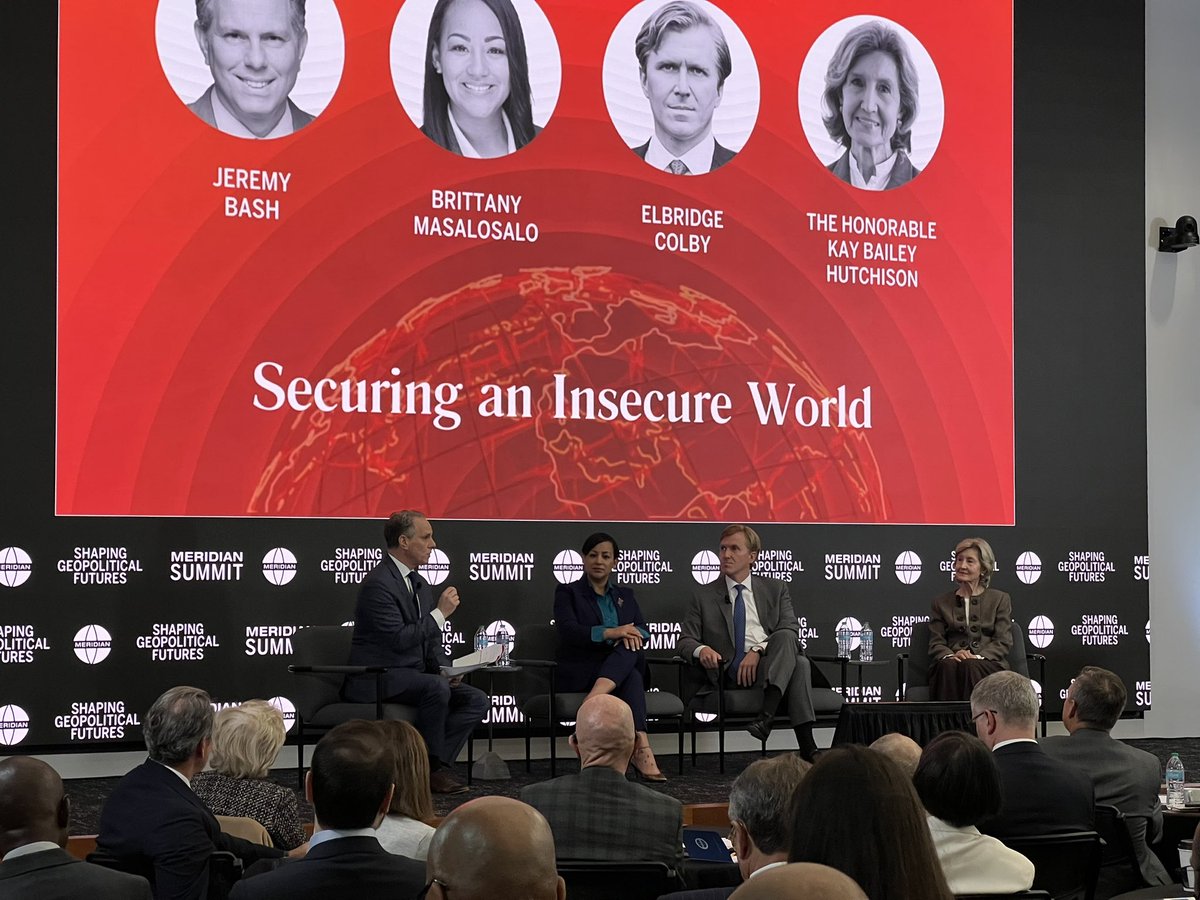 MeridianIntl's tweet photo. "How can we strengthen global security in the face of rising threats? “Securing an Insecure World” with @kaybaileyhutch @BMasalosalo and @ElbridgeColby explored strategies for a safer, more stable future. TUNE IN to the 2024 #MeridianSummit: https://t.co/mSRwpBPgSH