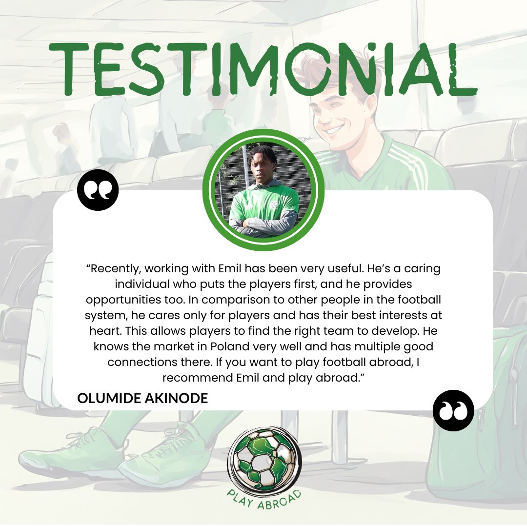 Play_Abroad_'s tweet photo. We received another testimonial! This time from Olumide Akinode! 

Player who attended our showcase session in August. Olu went for a trial to Poland and received a pro deal! More info soon! 🇵🇱

Well done, Olu!

#PlayAbroad 🌎 ⚽ https://t.co/bGrG2nls6A