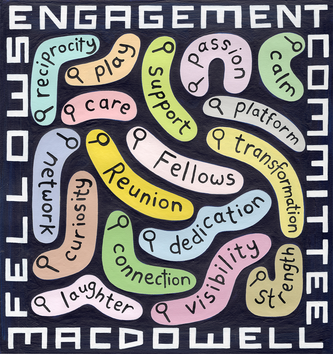 Introducing artist and MacDowell Fellow Becky Brown's (18) emblem for the Fellows Engagement Committee/@macdowellfec, and heralding the next MacDowell Fellows Reunion on Nov. 3 in Brooklyn, where we'll have totes with the design available in three colors! instagram.com/p/DBRVFhaxv-w/