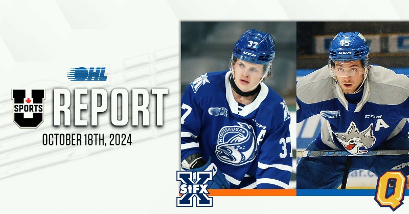 OHLHockey's tweet photo. Former @Sudbury_Wolves forward Ethan Larmand and the @QueensMHockey remain the only undefeated team in the OUA ranks while @OHLSteelheads grad Charlie Callaghan of @XMenhockey leads @USPORTS_Hockey offensively.