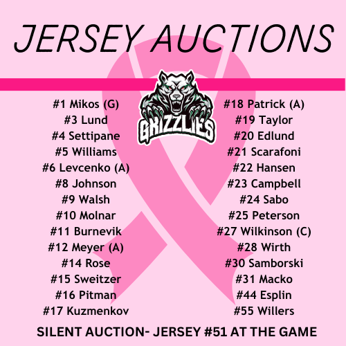 Breast Cancer Auction Jerseys are on sale now!  Auction closes at 9pm mountain time.

Jersey #51 will be sold at the game, silent auction style.  We will put the winners name on the jersey following the silent auction.

32auctions.com/grizzliescance…