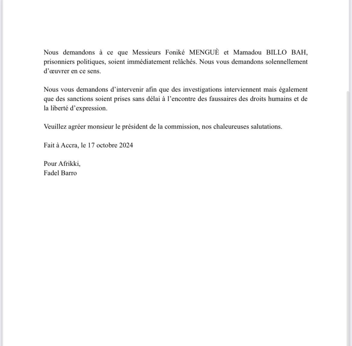AAfrikki's tweet photo. Notre lettre ouverte adressée au président de la commission de la @ecowas_cedeao pour demander l’implication dé l’organisation régionale dans l’affaire de disparition des activistes guinéens 100 jours après leur enlèvement. @BarroFadel @FNDC_Gn @luchaRDC @Yenamarre_NTS https://t.co/ASTJC7BMqH