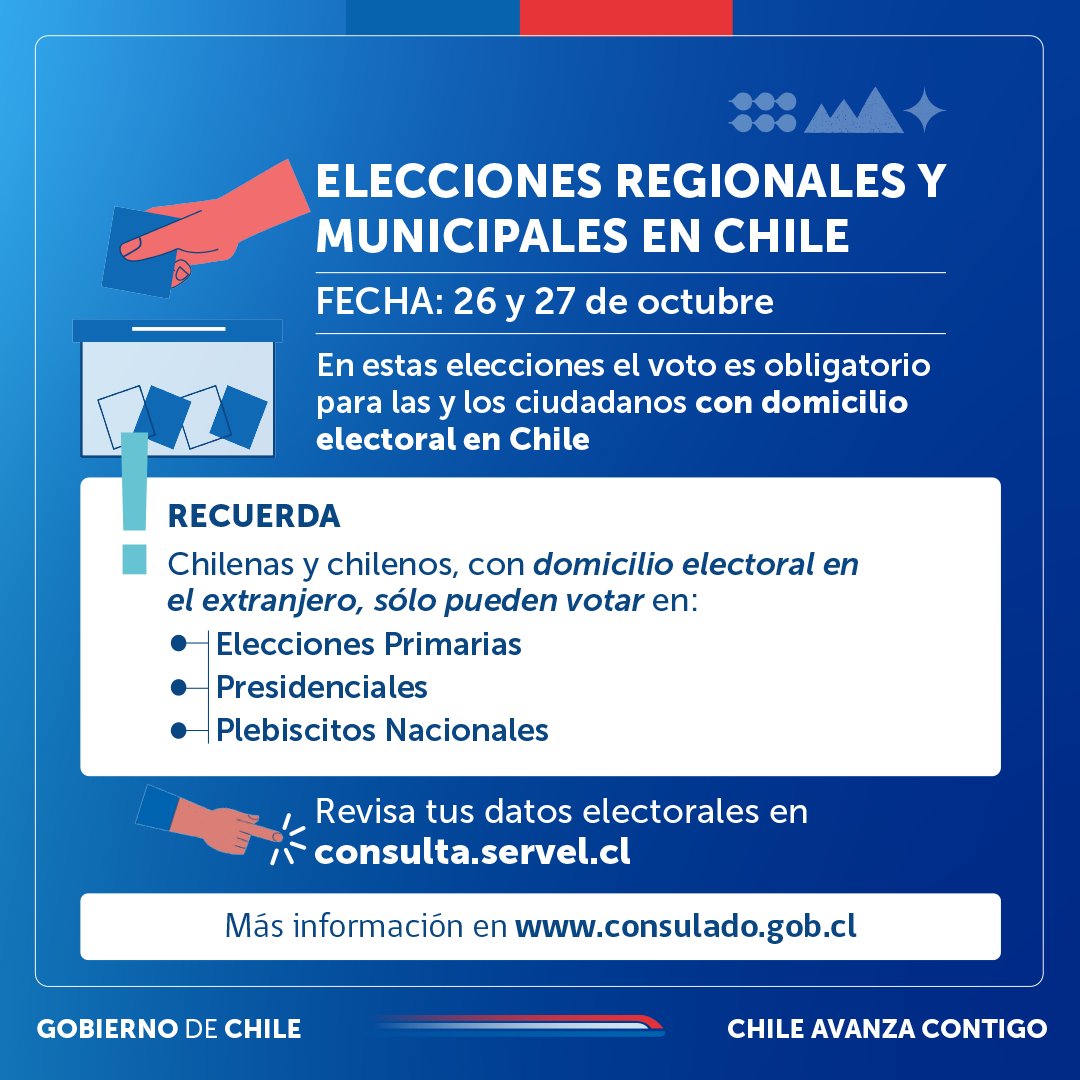 📌 El 26 y 27 de octubre se realizarán las Elecciones Regionales y Municipales en 🇨🇱. Sólo votan los compatriotas con domicilio electoral en Chile, que es de caracter obligatorio. Revisa tus datos electorales consulta.servel.cl
Más información aquí 👉 bit.ly/4f2LEZA
