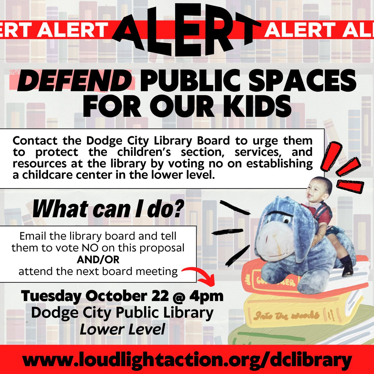 From the bowling alley🎳, to our zoo🦆, and now a proposal to gut the children's section at the Dodge City Library📚, our kids deserve better. ACT NOW to save the children's section and preserve this public resource used by thousands of folks. LINK IN BIO: loudlightaction.org/dclibrary