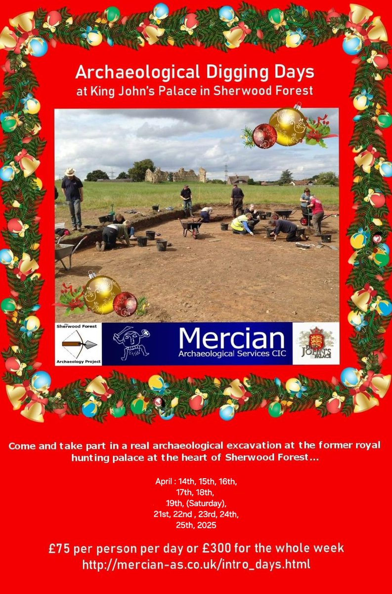 The perfect #ChristmasDay gift for the budding Archaeologist in your life...
Archaeological Experience Days at <a href="/KingJohnsPalace/">King John's Palace, Sherwood Forest.</a>, Sherwood Forest!
mercian-as.co.uk/intro_days.html
Apr 14, 15, 16, 17, 18, 19, (Sat),
21, 22 , 23, 24, 25, 2025
£75 per person per day.
#Archaeology
#bucketlist