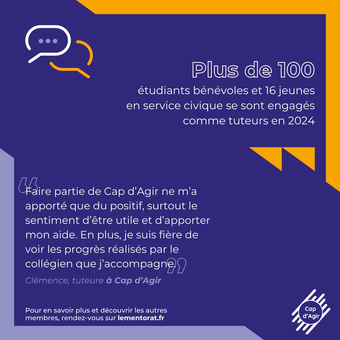 “Les membres du Collectif Mentorat”! 💫

Ce vendredi, découvrons l’association Cap d'Agir, qui accompagne des jeunes des quartiers prioritaires de Bordeaux du CE1 à la terminale, en leur proposant des séances de soutien scolaire et du mentorat.
+ d’infos : lementorat.fr/membres