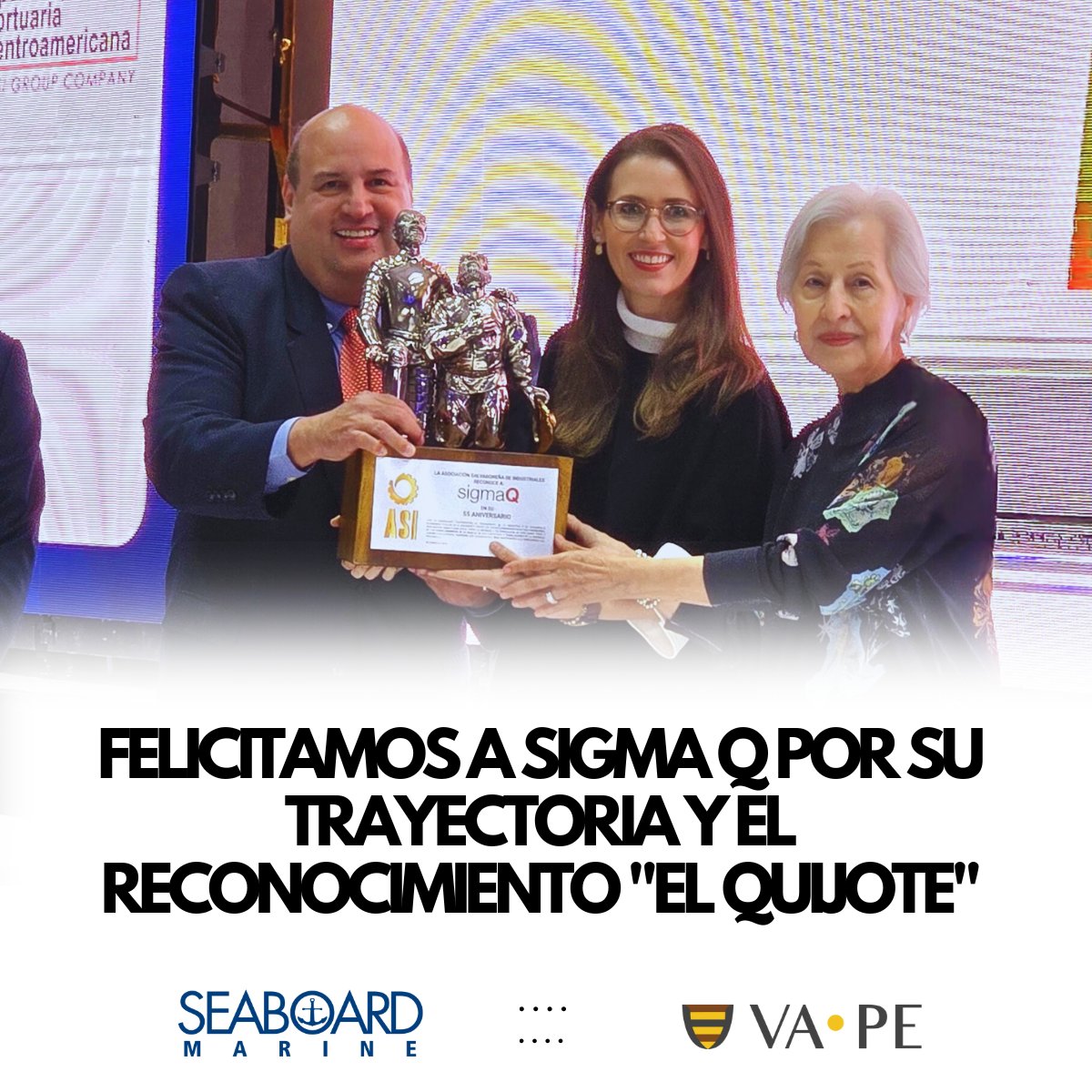 sv_vape's tweet photo. 📢 Felicitamos a Sigma Q por su trayectoria exitosa de más de cinco décadas 📢

En nombre de VAPE y SEABOARD MARINE, queremos extender nuestras más sinceras felicitaciones a Sigma Q por haber recibido el prestigioso reconocimiento "El Quijote" por parte de la ASI y COEXPORT. https://t.co/drB8BRzGVN