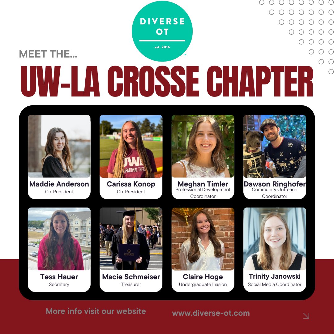 DiverseOT_2016's tweet photo. We're excited to introduce the e-board of our UW - La Crosse Chapter. Our phenomenal students are the driving force behind our mission, and their energy and dedication are absolutely amazing! https://t.co/Lx5xNtWPMo