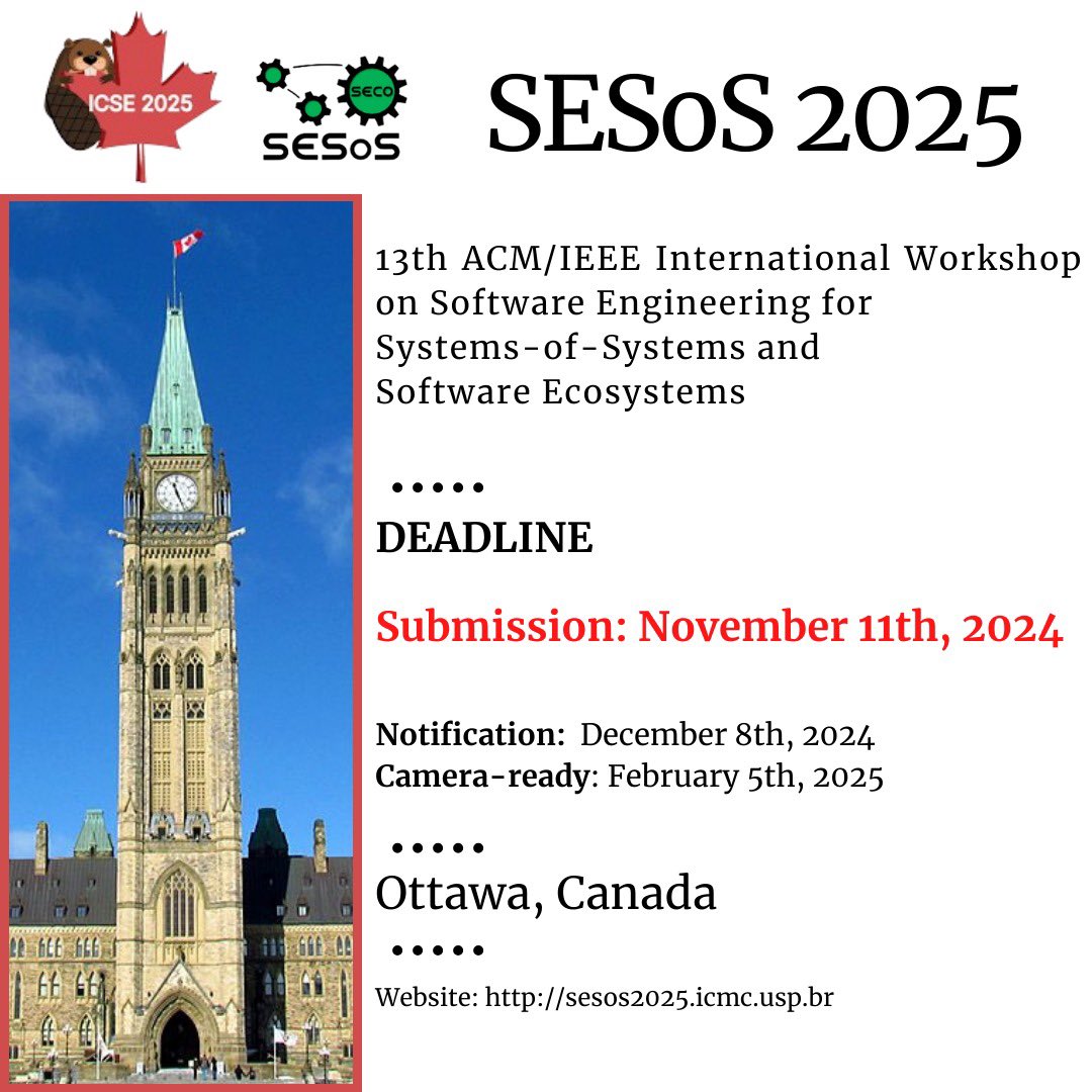 Hey all,

SESoS is one of <a href="/ICSEconf/">ICSE</a> ’s co-located workshops and will be held at Ottawa’s Shaw Centre. It overlooks the Rideau Canal and is a short walk from Byward Market, Parliament House, National Center for the Arts, National Gallery of Canada and the University of Ottawa.