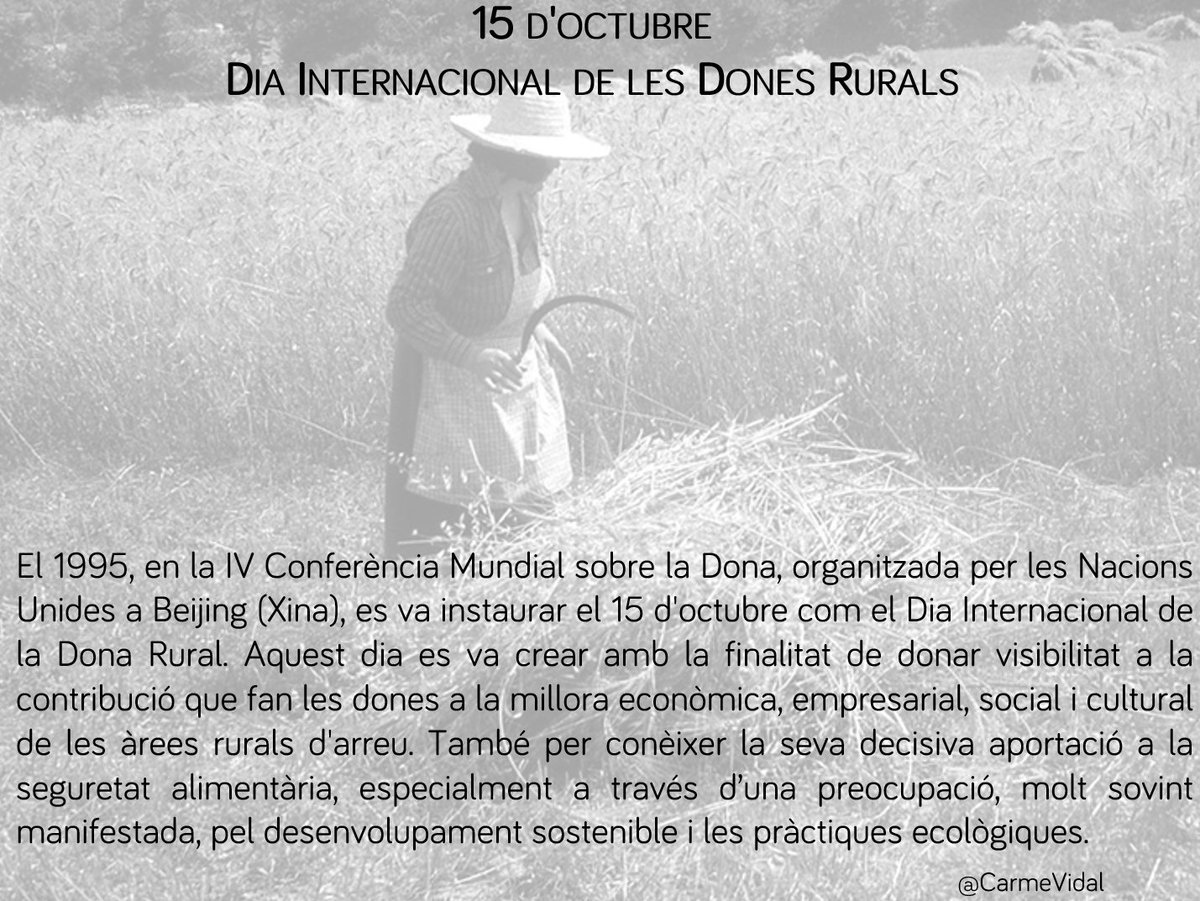 CarmeVidalFem's tweet photo. 15 d'octubre es commemora el #DiaInternacionalDeLaDonaRural #DiaInternacionalDeLaMujerRural amb la finalitat de donar visibilitat a la contribució que fan les dones a la millora econòmica, empresarial, social i cultural de les àrees rurals #Foravileres #Pageses #Donesdecamp https://t.co/CDcToN9RjH