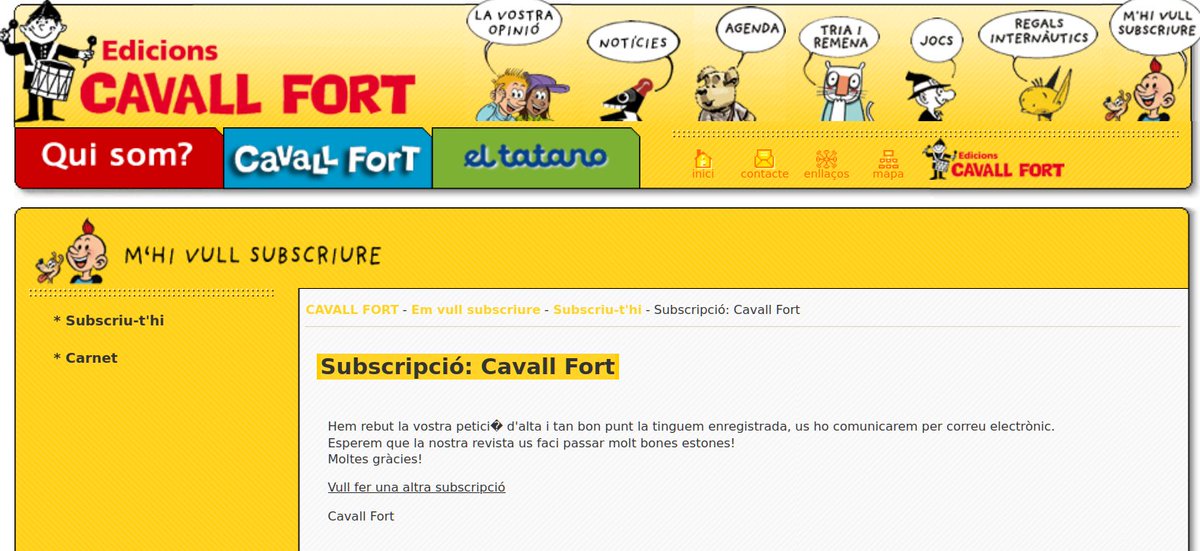 Nova subscripció a <a href="/cavallfort/">Cavall Fort</a> !
Per la llengua, pels fills, per la supervivència!!*!!
