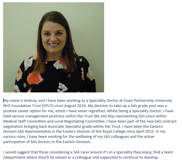 #SASWeek24 day 5 SAS  stories

Dr Andrea Pathak  <a href="/AndreaPathak/">Andrea Pathak</a> is a SAS psychiatrist <a href="/EPUTNHS/">EPUT</a> with a long interest in SAS wellbeing . She is the <a href="/RCpsychsasdocs/">RCPsych SASDoctors</a> <a href="/rcpsychEastern/">rcpsych Eastern</a> rep.